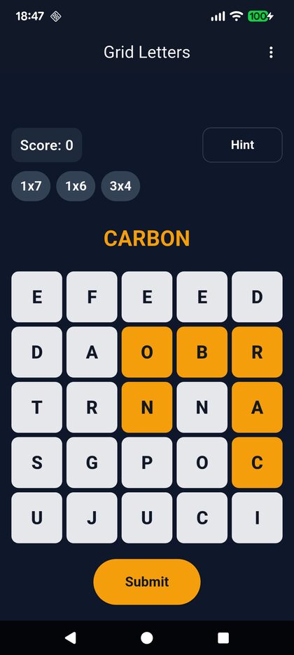 Grid Letters completed level screen